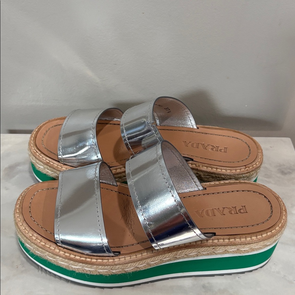 Prada Silver and Green Platform Metallic Two Band Espadrille Slides 37.5 7.5 - Picture 3 of 13